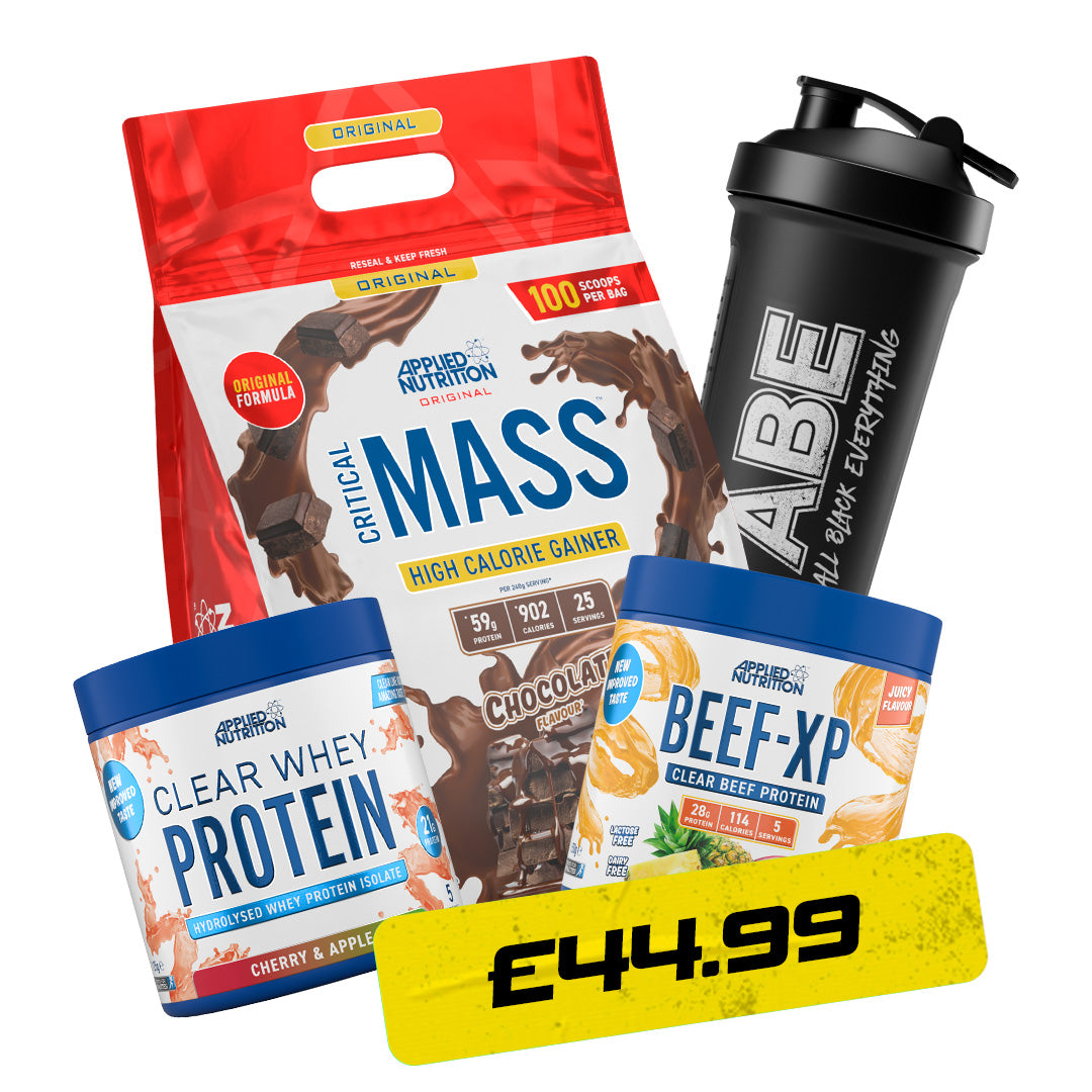 Applied Nutrition Critical Mass 6kg Plus Clear Whey 125g, Beef Xp 150g & ABE Shaker Bundle